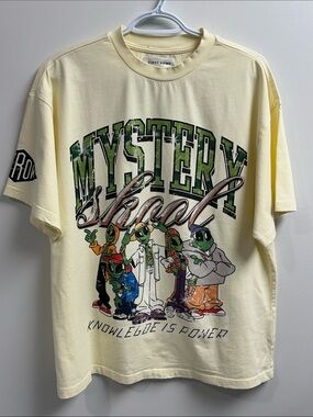 First Row “Mystery Skool" Alien Graphic Tee in Cream With Green Rhinestones